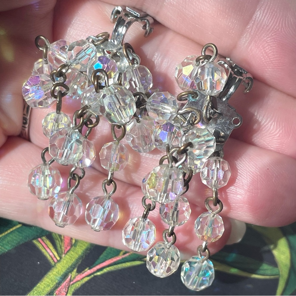 Vintage waterfall AB crystal cha-cha clip-on earrings unsigned
